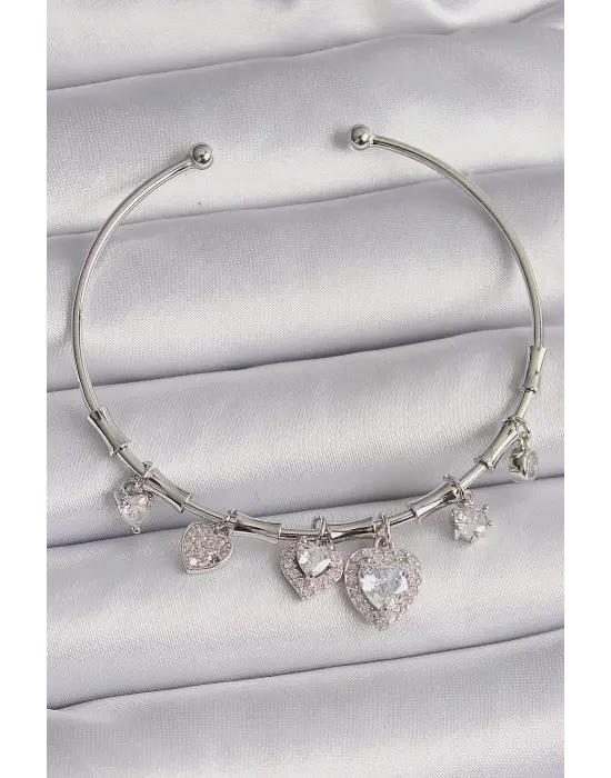 Pirinç Gümüş Renk Sallantı Zirkon Taşlı Kalp Figür Charm Bileklik