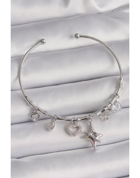 Pirinç Gümüş Renk Sallantı Zirkon Taşlı Kalp Figür Charm Bileklik