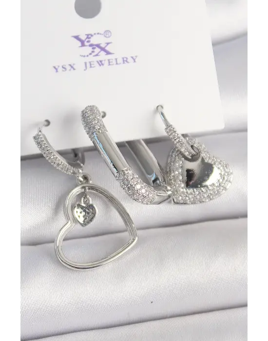 Pirinç Gümüş Renk Sallantı Zirkon Taşlı Kalp Model 3Lü Kadın Kombin Küpe