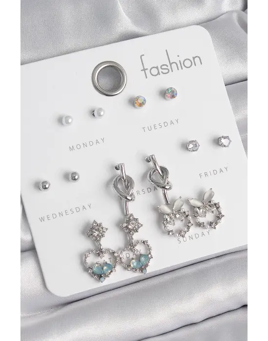 Pirinç Gümüş Renk Sallantı Zirkon Taşlı Kalp Model Düğüm Detay 7 Çift Kadın Küpe Seti