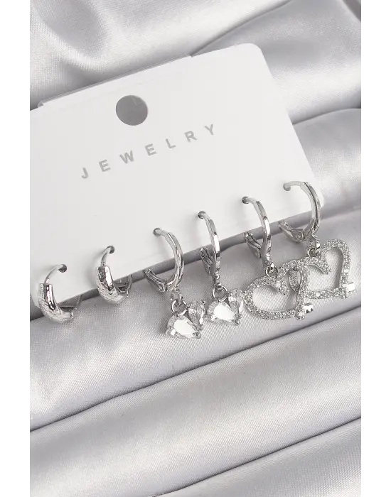  Gümüş Sallantı Zirkon Taşlı Kalp Model Halka Detay Çelik Küpe Seti