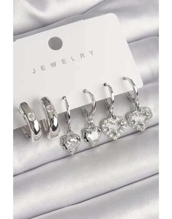  Gümüş Sallantı Zirkon Taşlı Kalp Model Halka Detay Çelik Küpe Seti