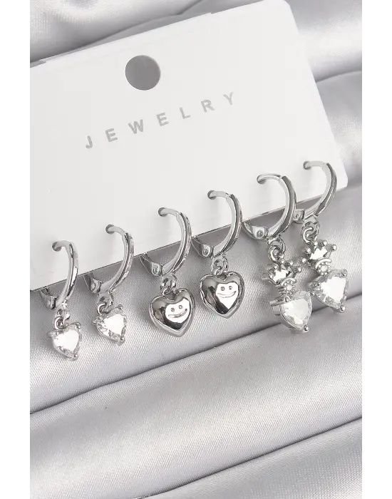  Gümüş Sallantı Zirkon Taşlı Kalp Model Taç Detay Çelik Küpe Seti