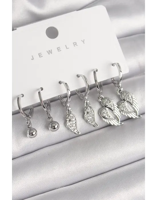  Gümüş Sallantı Zirkon Taşlı Kanat Model Topçuk Detay Çelik Küpe Seti