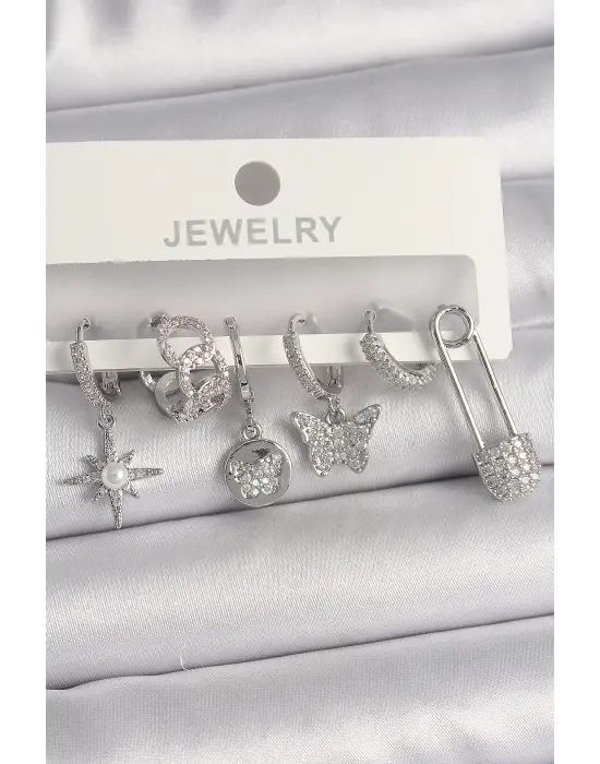 Gümüş Sallantı Zirkon Taşlı Kelebek Figür Çelik Küpe Seti