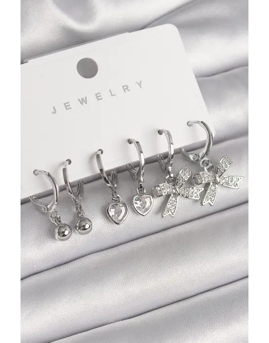  Gümüş Sallantı Zirkon Taşlı Kurdele Model Kalp Detay Çelik Küpe Seti
