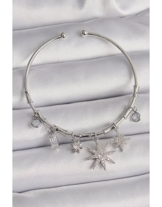 Pirinç Gümüş Renk Sallantı Zirkon Taşlı Kutup Yıldız Figür Charm Bileklik