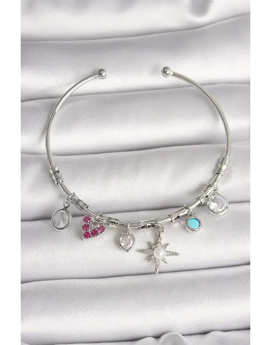 Pirinç Gümüş Renk Sallantı Zirkon Taşlı Kutup Yıldız Figür Kalp Detay Charm Kadın Bileklik