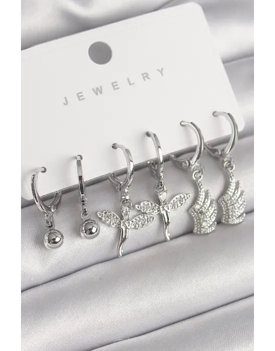  Gümüş Sallantı Zirkon Taşlı Melek Model Kanat Detay Çelik Küpe Seti