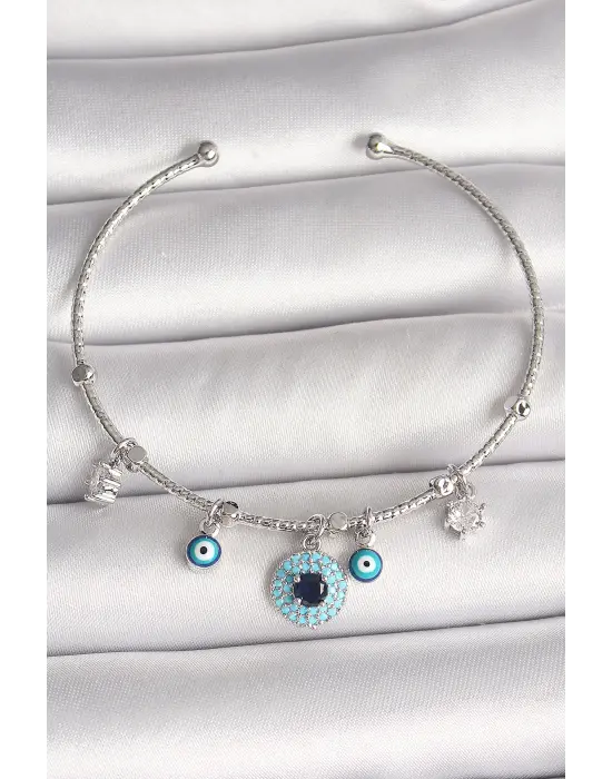 Pirinç Gümüş Renk Sallantı Zirkon Taşlı Nazar Boncuk Figür Charm Kadın Bileklik