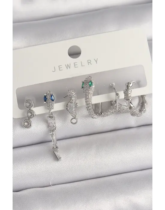  Gümüş Sallantı Zirkon Taşlı Yılan Model Çelik Küpe Seti