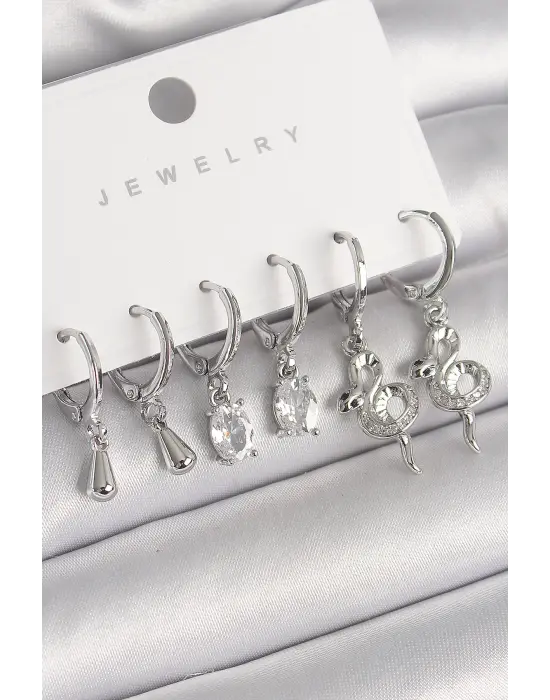 Gümüş Sallantı Zirkon Taşlı Yılan Model Çelik Küpe Seti