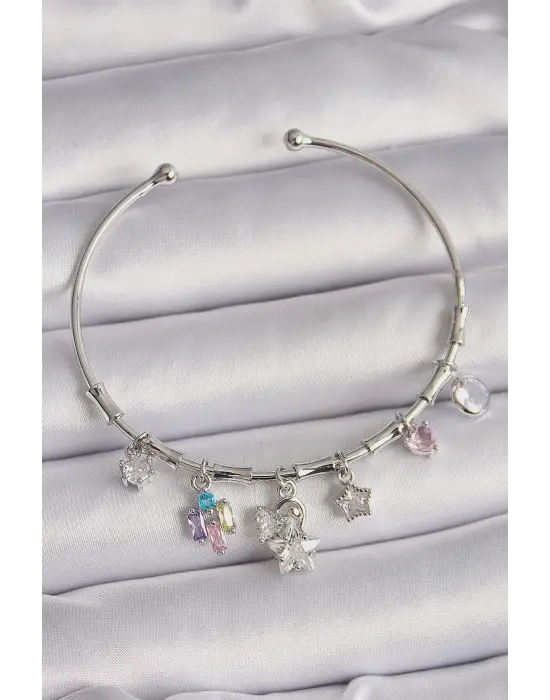Pirinç Gümüş Renk Sallantı Zirkon Taşlı Yıldız Çoklu Figür Charm Bileklik