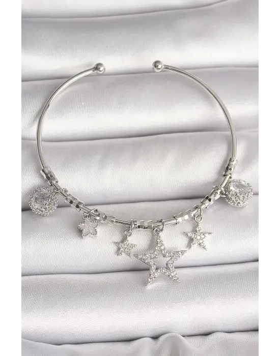 Pirinç Gümüş Renk Sallantı Zirkon Taşlı Yıldız Figür Charm Kadın Bileklik