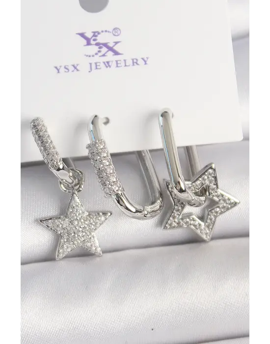 Pirinç Gümüş Renk Sallantı Zirkon Taşlı Yıldız Model 3Lü Kadın Kombin Küpe