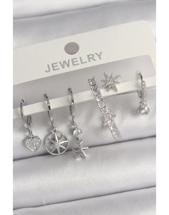  Gümüş Sallantı Zirkon Taşlı Yıldız Model Çelik Küpe Seti