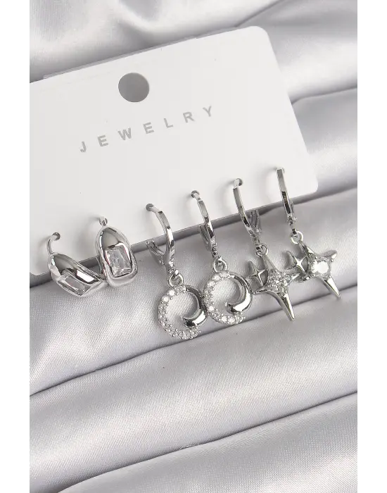  Gümüş Sallantı Zirkon Taşlı Yıldız Model Çelik Küpe Seti