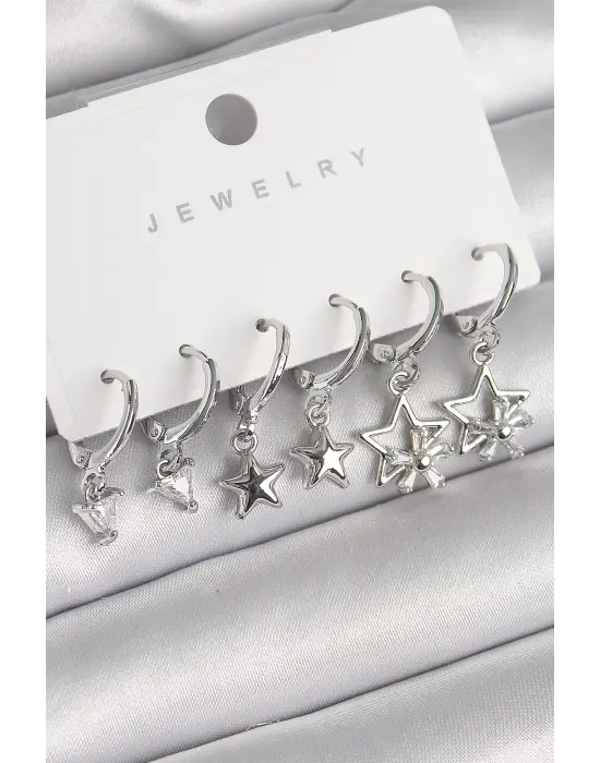  Gümüş Sallantı Zirkon Taşlı Yıldız Model Üçgen Detay Çelik Küpe Seti