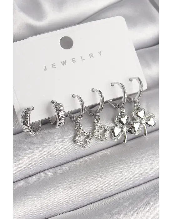  Gümüş Sallantı Zirkon Taşlı Yonca Model Çelik Küpe Seti