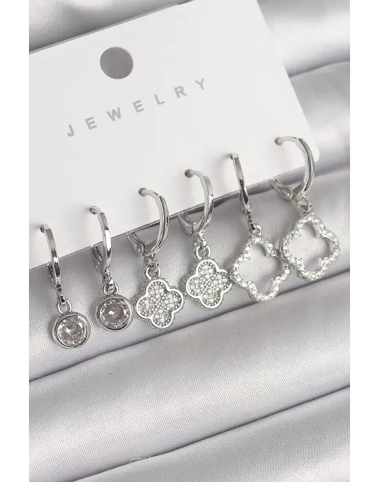  Gümüş Sallantı Zirkon Taşlı Yonca Model Çelik Küpe Seti