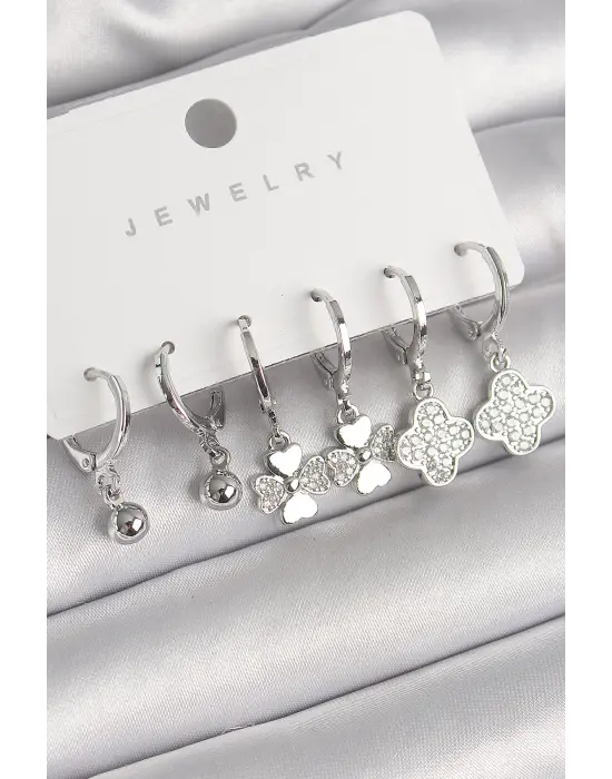  Gümüş Sallantı Zirkon Taşlı Yonca Model Topçuk Detay Çelik Küpe Seti