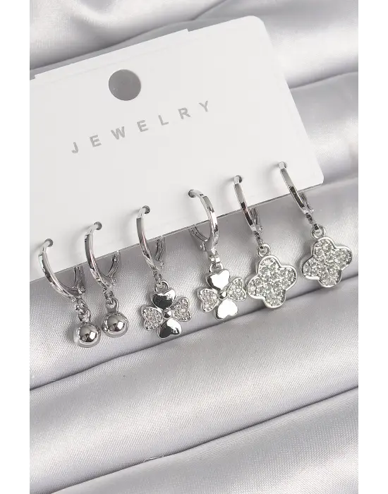  Gümüş Sallantı Zirkon Taşlı Yonca Model Topçuk Detay Çelik Küpe Seti