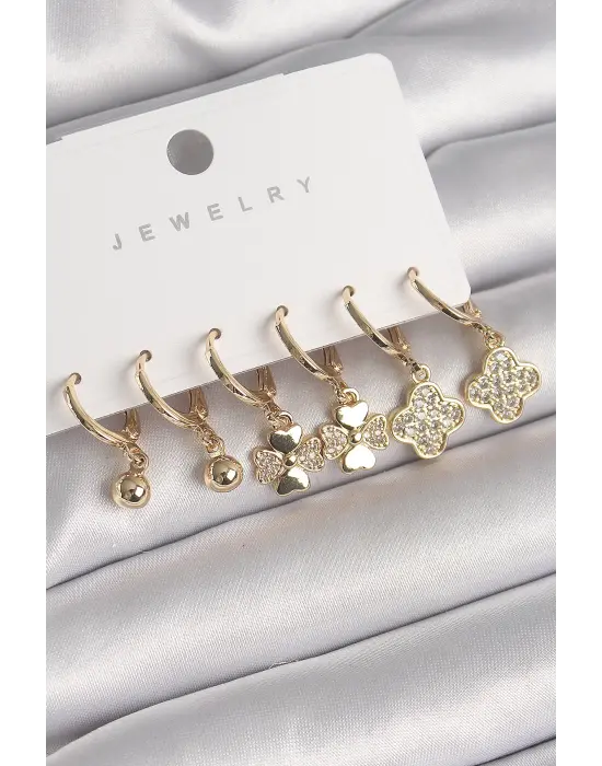 Gümüş Sallantı Zirkon Taşlı Yonca Model Topçuk Detay Çelik Küpe Seti