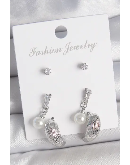 Pirinç Gümüş Renk Sallantılı Zirkon Taşlı Damla Model 3 Çift Kadın Küpe Seti