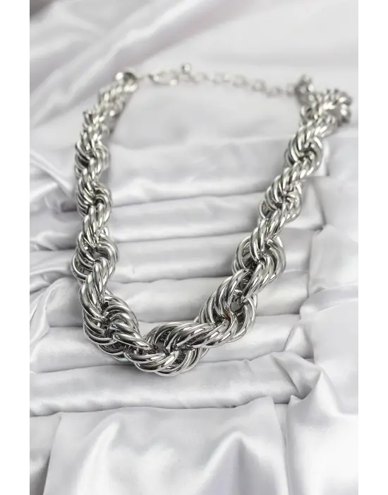 Pirinç Gümüş Renk Sarmal Halat Model Kadın Kolye