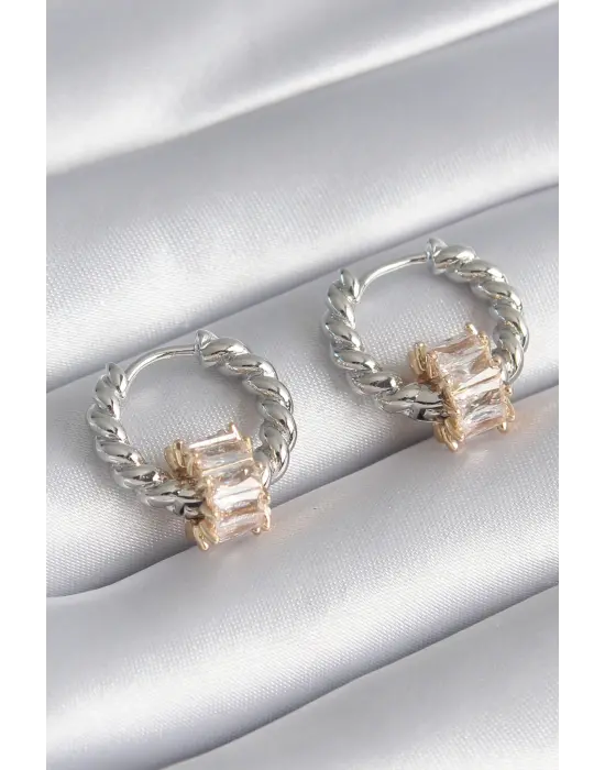  Gümüş Sarmal Halka Altın Zirkon Taşlı Çelik Küpe