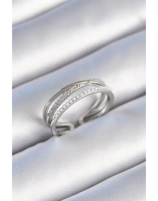  Gümüş Sıralı Zirkon Taş İnci Detay Çift Sıra Çelik Yüzük