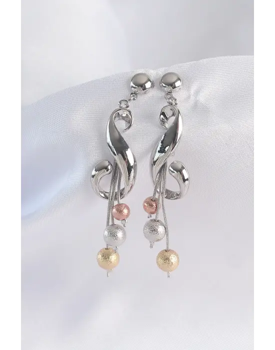  Gümüş Sol Anahtarı Model Renkli Topçuk Detay Küpe