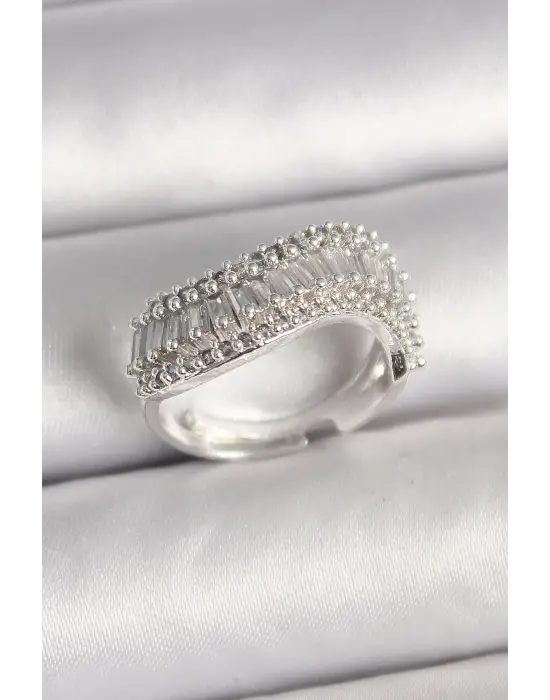 Pirinç Gümüş Renk Su Yolu Zirkon Dalga Model Ayarlanabilir Kadın Yüzük