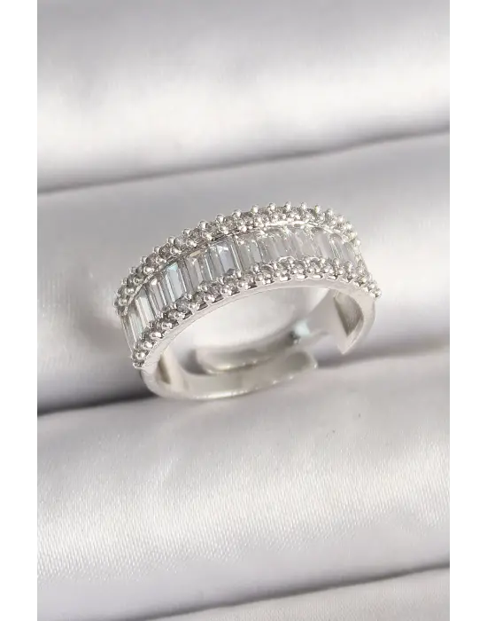 Pirinç Gümüş Renk Su Yolu Zirkon Taşlı Ayarlanabilir Model Kadın Yüzük