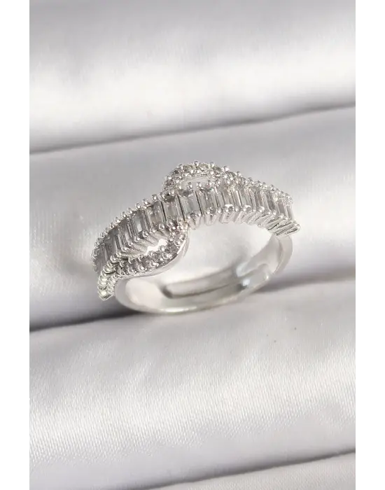 Çelik Gümüş Renk Su Yolu Zirkon Taşlı Ayarlanabilir Model Kadın Yüzük