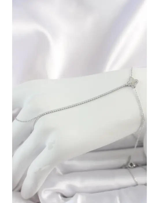 Pirinç Gümüş Renk Su Yolu Zirkon Taşlı İşlemeli Yonca Model Kadın Şahmeran