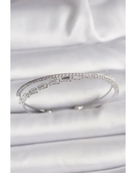 Pirinç Gümüş Renk Su Yolu Zirkon Taşlı Kadın Bileklik