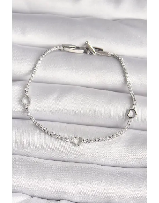 Pirinç Gümüş Renk Su Yolu Zirkon Taşlı Kalp Model Kadın Bileklik