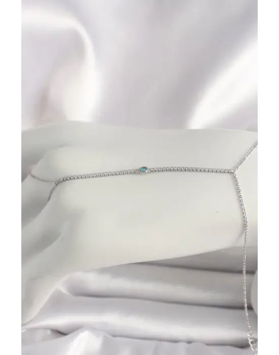 Pirinç Gümüş Renk Su Yolu Zirkon Taşlı Mavi Taş Detaylı Kadın Şahmeran