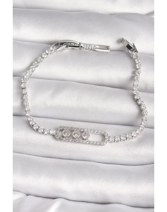 Pirinç Gümüş Renk Su Yolu Zirkon Taşlı Messika Model Kadın Bileklik