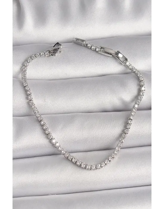 Pirinç Gümüş Renk Su Yolu Zirkon Taşlı Model Kadın Bileklik