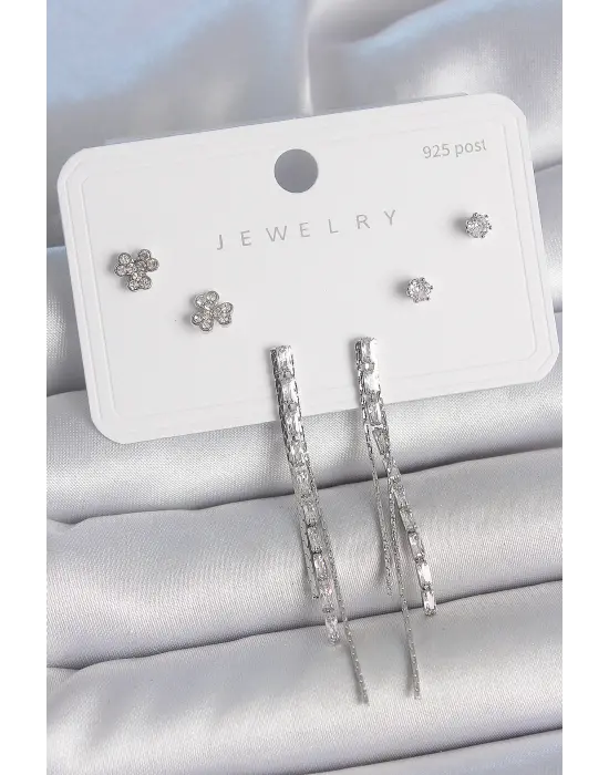 Pirinç Gümüş Renk Su Yolu Zirkon Taşlı Sallantı Model Çiçek Detay 925 Ayar Gümüş Çivi Kadın Küpe Seti