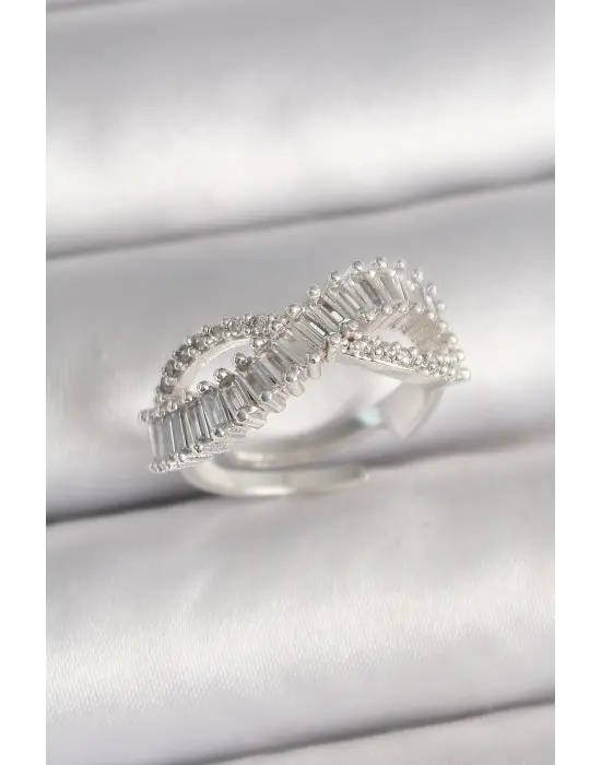 Pirinç Gümüş Renk Su Yolu Zirkon Taşlı Sonsuzluk Model Ayarlanabilir Kadın Yüzük