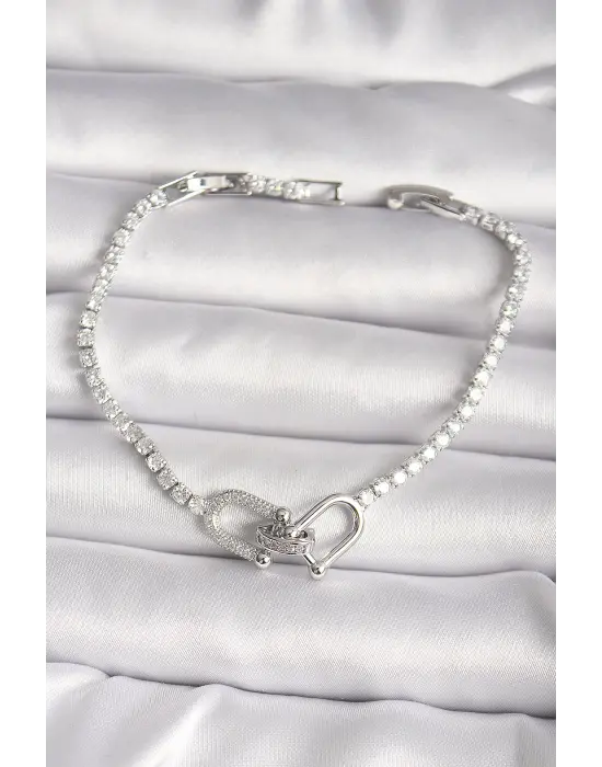 Pirinç Gümüş Renk Su Yolu Zirkon Taşlı Tiffany Model Kadın Bileklik