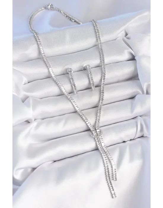 Pirinç Gümüş Renk Su Yolu Zirkon Taşlı VIP Seri Kadın Kolye Seti