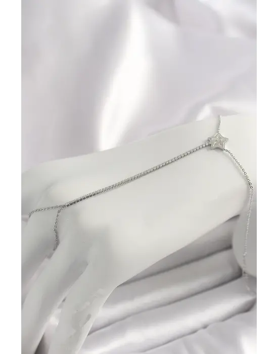 Pirinç Gümüş Renk Su Yolu Zirkon Taşlı Yıldız Model Kadın Şahmeran