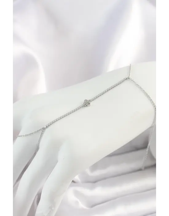 Pirinç Gümüş Renk Su Yolu Zirkon Taşlı Yonca Model Kadın Şahmeran