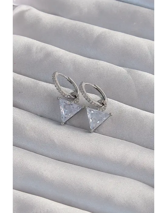  Gümüş Üçgen Zirkon Taşlı Sallantılı Halka Küpe