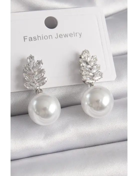  Gümüş Yaprak Zirkon Taşlı Top İnci Boncuk Model Çelik Küpe