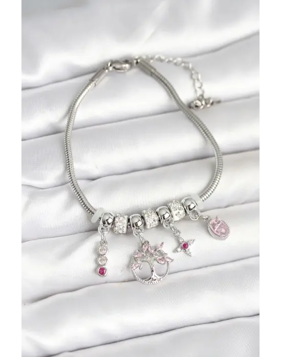 Pirinç Gümüş Renk Yaşam Ağacı Charmlı Kadın Bileklik